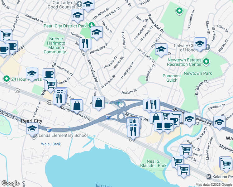 map of restaurants, bars, coffee shops, grocery stores, and more near 98-1276 Hoohiki Place in Pearl City