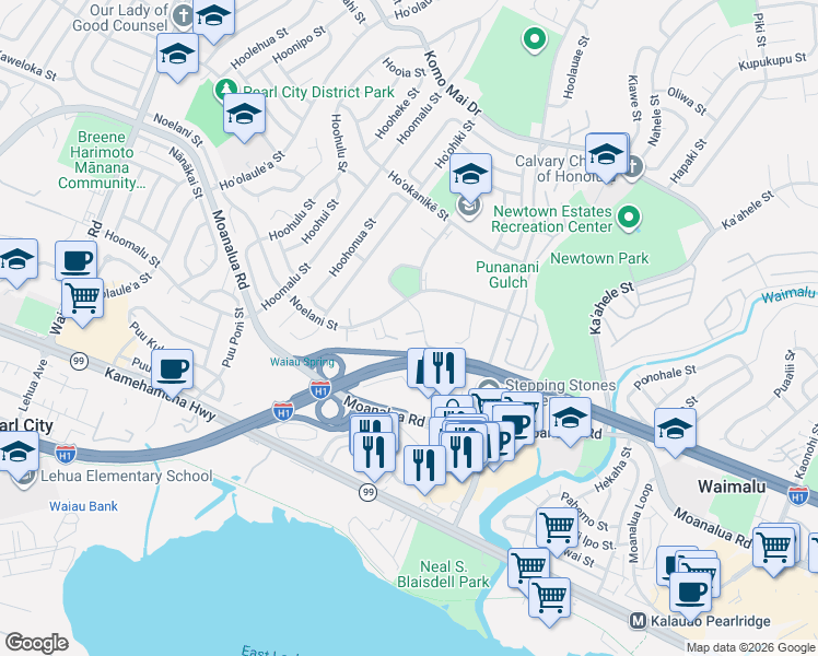 map of restaurants, bars, coffee shops, grocery stores, and more near 98-1370 Koaheahe Place in Pearl City