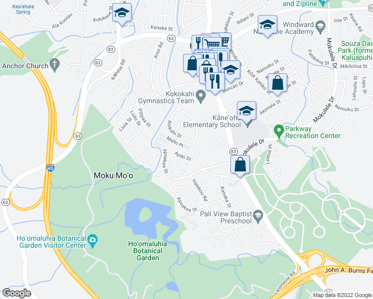 map of restaurants, bars, coffee shops, grocery stores, and more near 45-496 Malio Place in Kaneohe