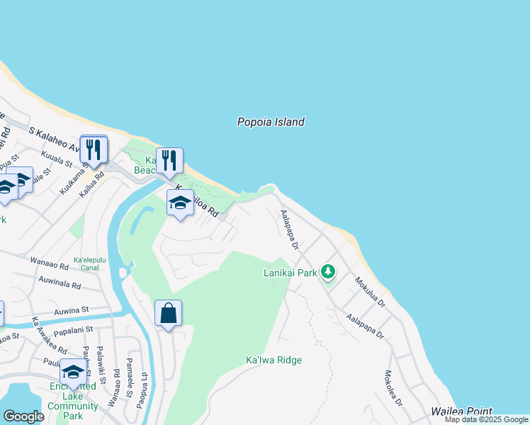 map of restaurants, bars, coffee shops, grocery stores, and more near 21 Aalapapa Place in Kailua