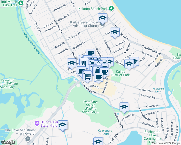 map of restaurants, bars, coffee shops, grocery stores, and more near in Kailua