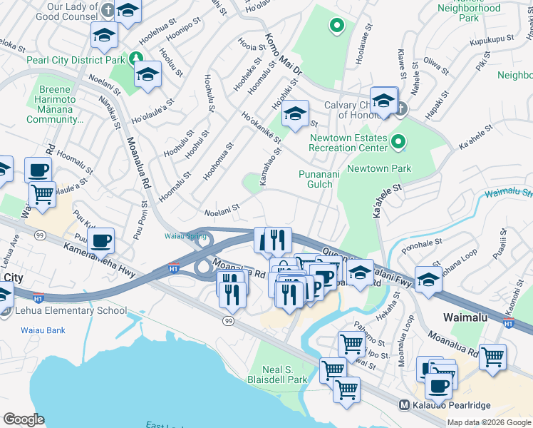 map of restaurants, bars, coffee shops, grocery stores, and more near 98-1370 Koaheahe Place in Pearl City
