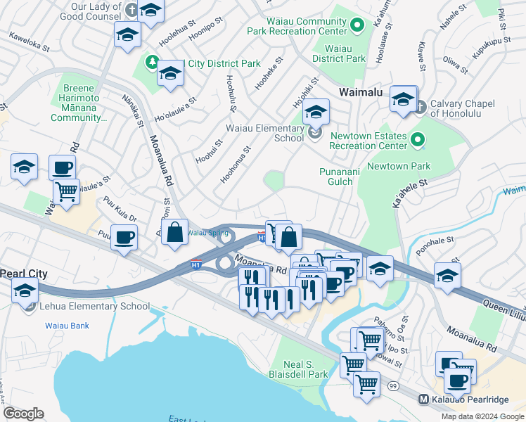 map of restaurants, bars, coffee shops, grocery stores, and more near 98-930 Noelani Street in Pearl City