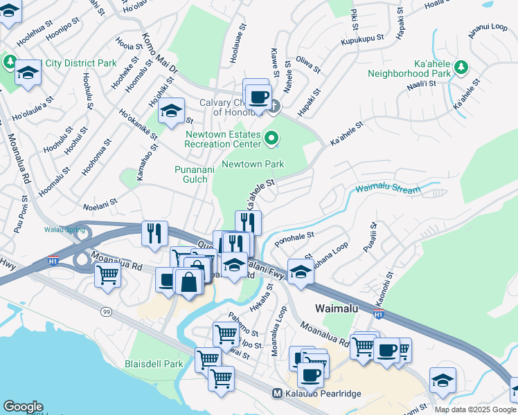 map of restaurants, bars, coffee shops, grocery stores, and more near Kaalo Street in Pearl City
