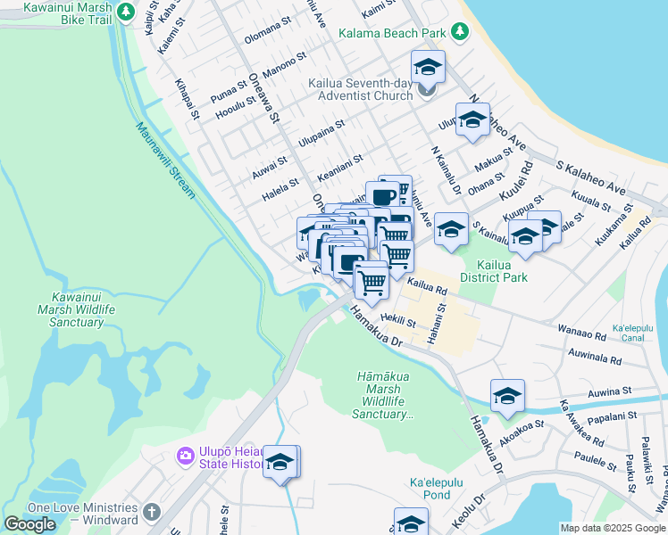 map of restaurants, bars, coffee shops, grocery stores, and more near 44C Kainehe Street in Kailua