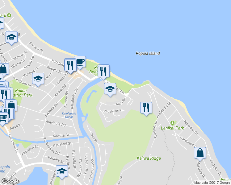 map of restaurants, bars, coffee shops, grocery stores, and more near 481A1A Kawailoa Rd in Kailua