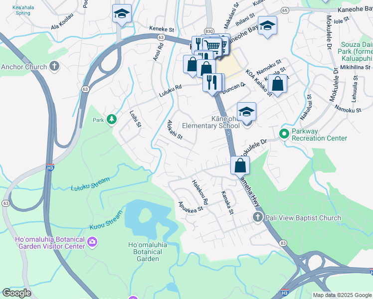 map of restaurants, bars, coffee shops, grocery stores, and more near 45-496 Malio Place in Kaneohe