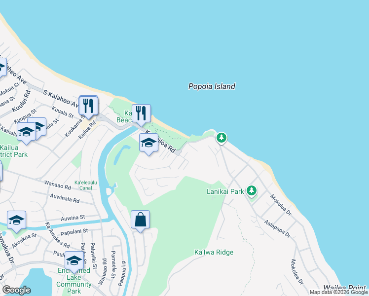 map of restaurants, bars, coffee shops, grocery stores, and more near 531 Kawailoa Road in Kailua