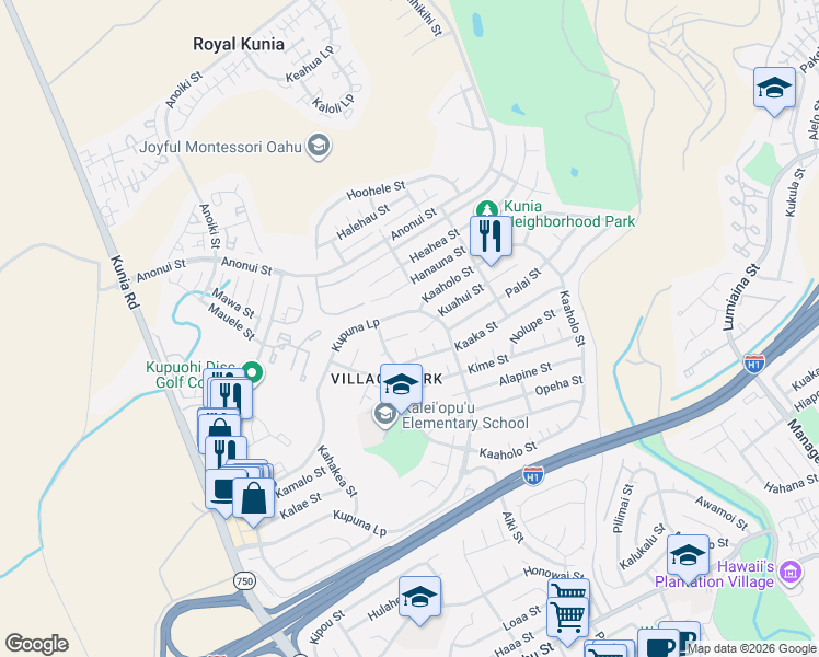 map of restaurants, bars, coffee shops, grocery stores, and more near 94-508 Kuahui Street in Waipahu
