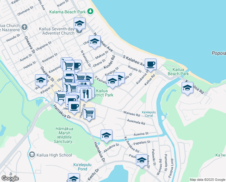 map of restaurants, bars, coffee shops, grocery stores, and more near 145 South Kainalu Drive in Kailua