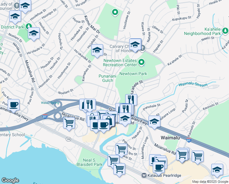 map of restaurants, bars, coffee shops, grocery stores, and more near 98-1373 Kaahumanu Street in Aiea