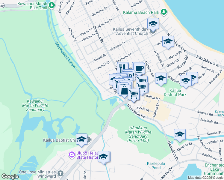 map of restaurants, bars, coffee shops, grocery stores, and more near 617 Wailepo Street in Kailua