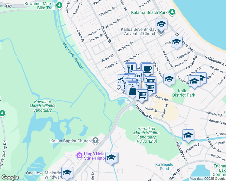 map of restaurants, bars, coffee shops, grocery stores, and more near 141 Kihapai Street in Kailua