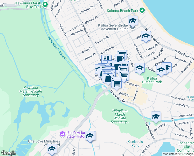 map of restaurants, bars, coffee shops, grocery stores, and more near 121 Kihapai Street in Kailua