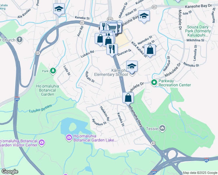 map of restaurants, bars, coffee shops, grocery stores, and more near 45-475 Koolau Hale Place in Kaneohe