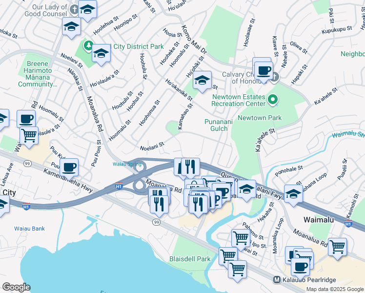 map of restaurants, bars, coffee shops, grocery stores, and more near 98-1370 Koaheahe Place in Pearl City