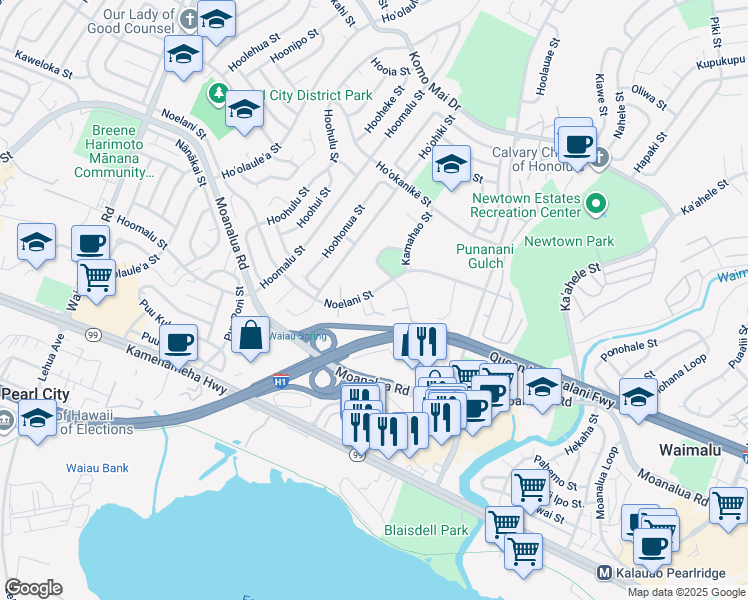 map of restaurants, bars, coffee shops, grocery stores, and more near 98-930 Noelani Street in Pearl City