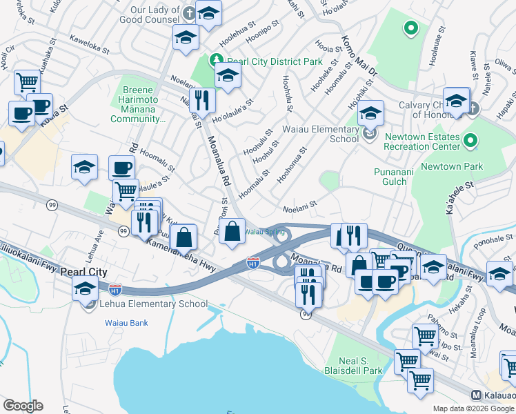 map of restaurants, bars, coffee shops, grocery stores, and more near 98-1272 Hoohiki Place in Pearl City