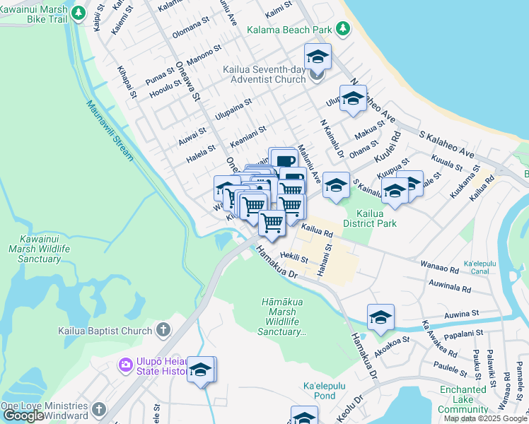 map of restaurants, bars, coffee shops, grocery stores, and more near 50 Hoolai Street in Kailua