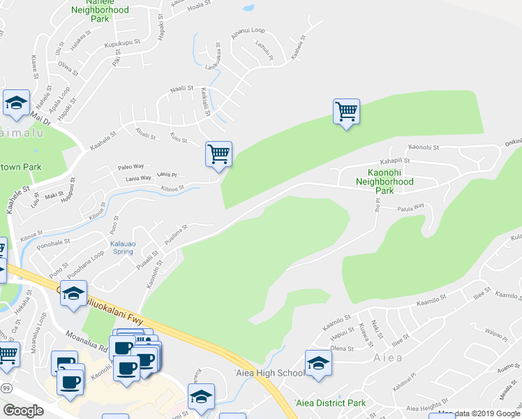 map of restaurants, bars, coffee shops, grocery stores, and more near 98-665 Kaonohi Street in Aiea