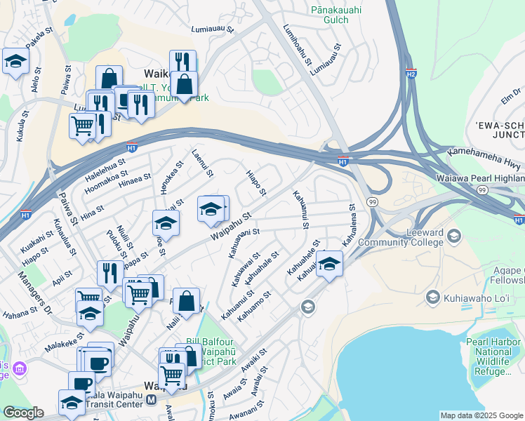 map of restaurants, bars, coffee shops, grocery stores, and more near 94-406 Kahualei Place in Waipahu