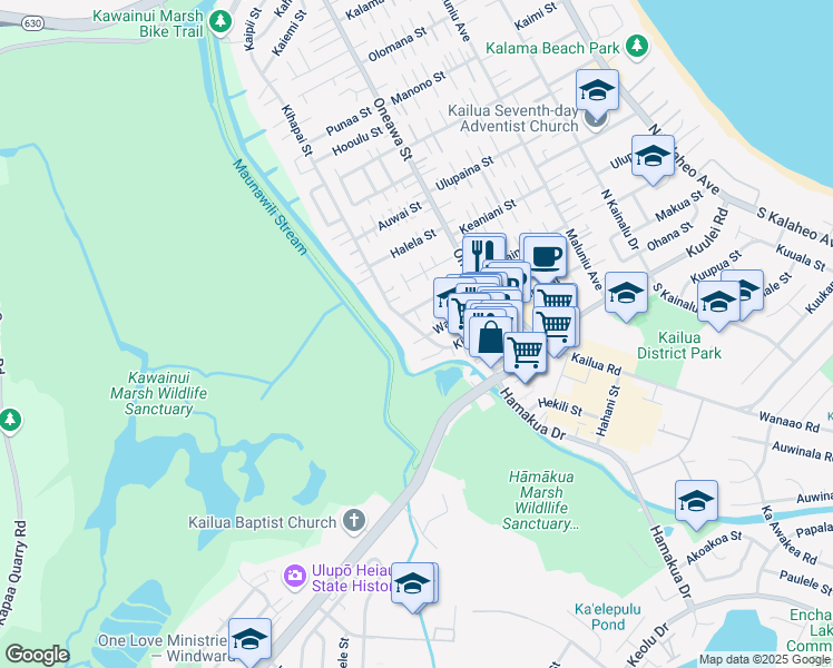 map of restaurants, bars, coffee shops, grocery stores, and more near 121 Kihapai Street in Kailua