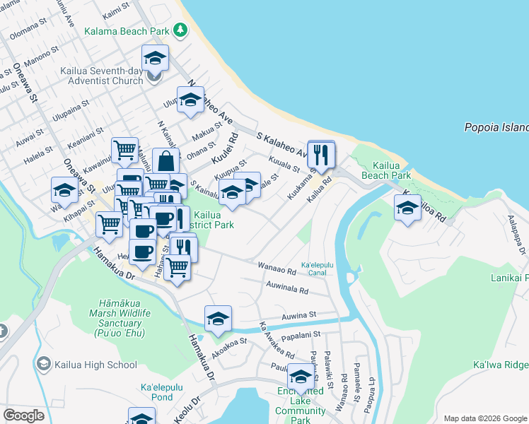 map of restaurants, bars, coffee shops, grocery stores, and more near 245 Kuukama Street in Kailua