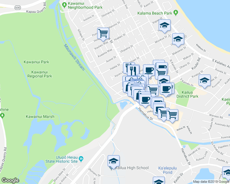 map of restaurants, bars, coffee shops, grocery stores, and more near 121 Kihapai Street in Kailua