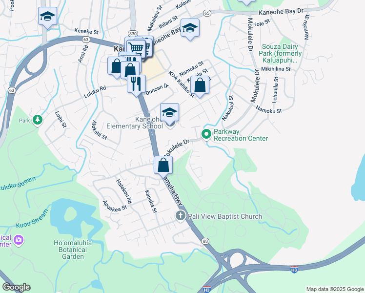 map of restaurants, bars, coffee shops, grocery stores, and more near 45-420 Konale Place in Kaneohe