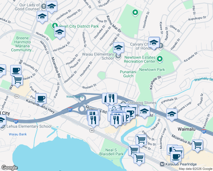 map of restaurants, bars, coffee shops, grocery stores, and more near 98-1370 Koaheahe Place in Pearl City