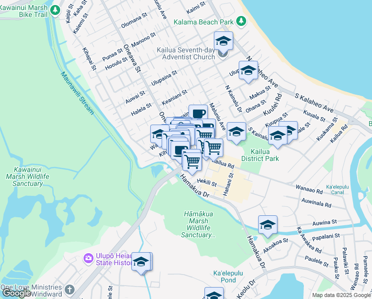 map of restaurants, bars, coffee shops, grocery stores, and more near 26 Hoolai Street in Kailua