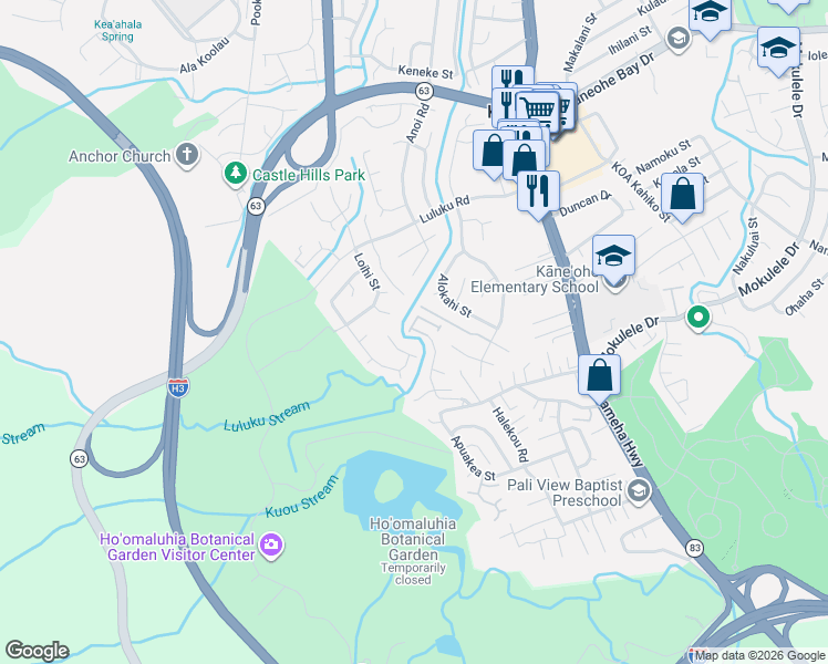 map of restaurants, bars, coffee shops, grocery stores, and more near 45-528 Kamooalii Street in Kaneohe