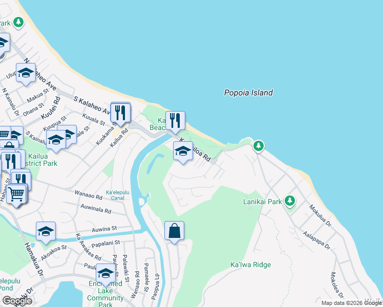 map of restaurants, bars, coffee shops, grocery stores, and more near 465 Kawailoa Road in Kailua