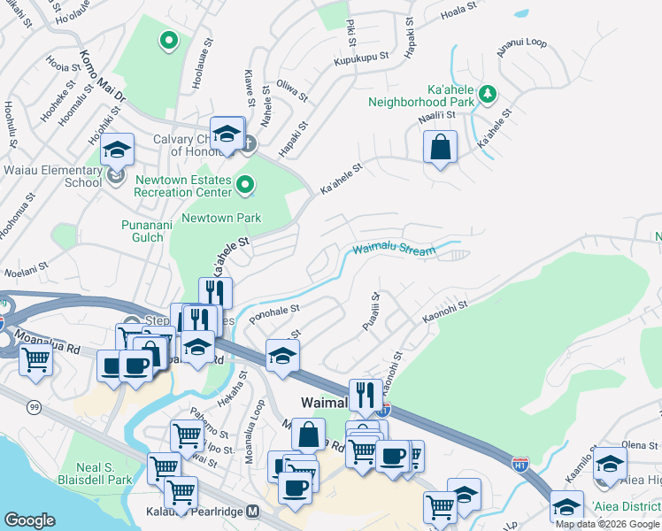 map of restaurants, bars, coffee shops, grocery stores, and more near 98413 Kilipohe Street in Aiea