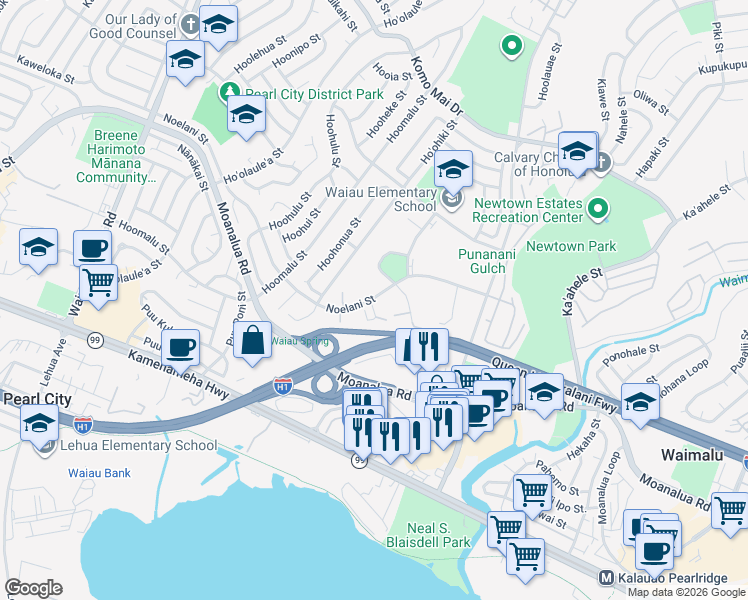 map of restaurants, bars, coffee shops, grocery stores, and more near 98-930 Noelani Street in Pearl City