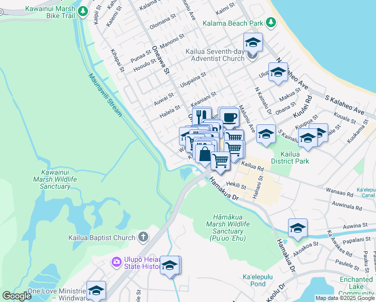 map of restaurants, bars, coffee shops, grocery stores, and more near 121 Kihapai Street in Kailua