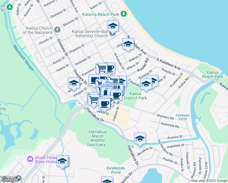 map of restaurants, bars, coffee shops, grocery stores, and more near 315 Kuulei Road in Kailua