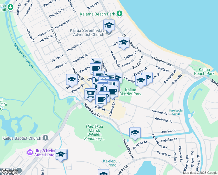 map of restaurants, bars, coffee shops, grocery stores, and more near 315 Kuulei Road in Kailua