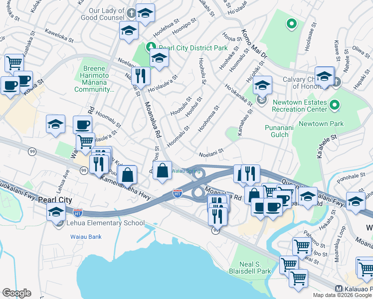 map of restaurants, bars, coffee shops, grocery stores, and more near 98-1272 Hoohiki Place in Pearl City