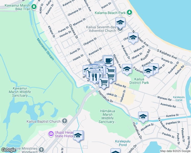 map of restaurants, bars, coffee shops, grocery stores, and more near 83 Hoolai Street in Kailua