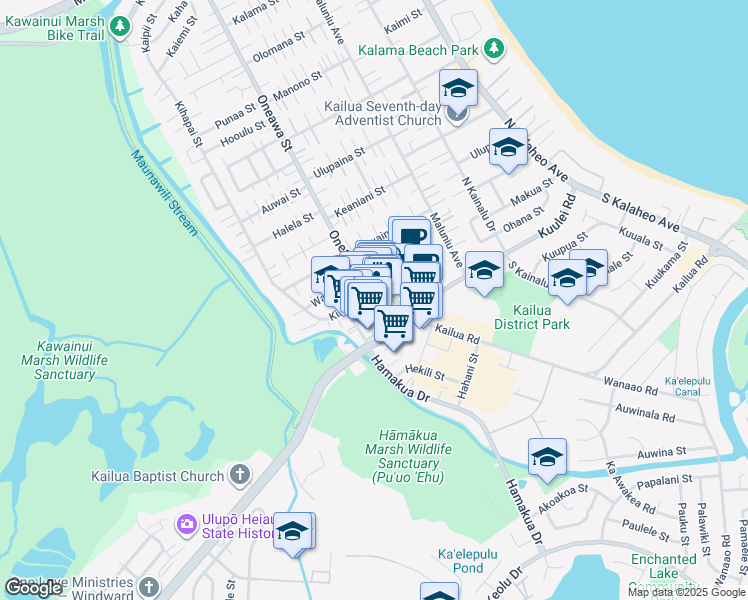 map of restaurants, bars, coffee shops, grocery stores, and more near 26 Hoolai Street in Kailua