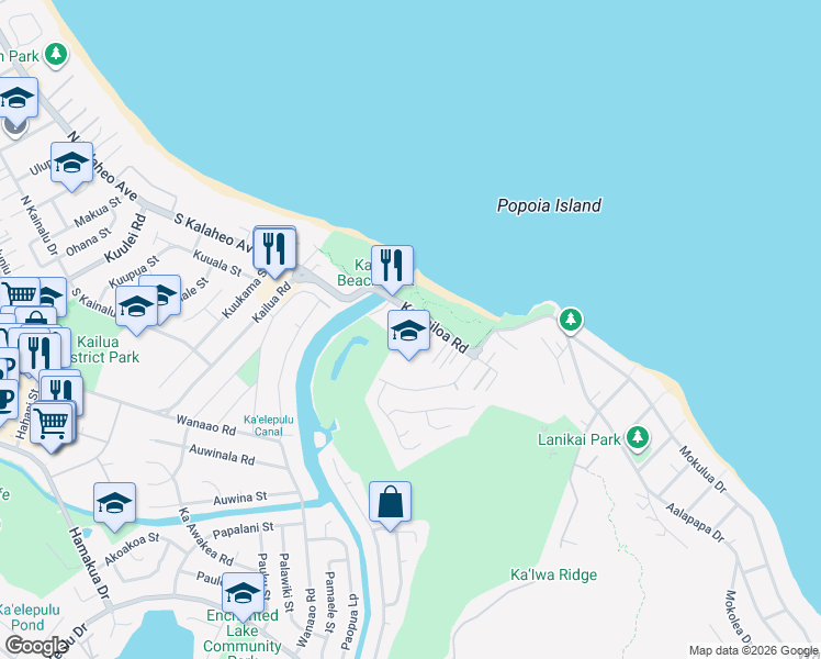 map of restaurants, bars, coffee shops, grocery stores, and more near 140 Alala Road in Kailua