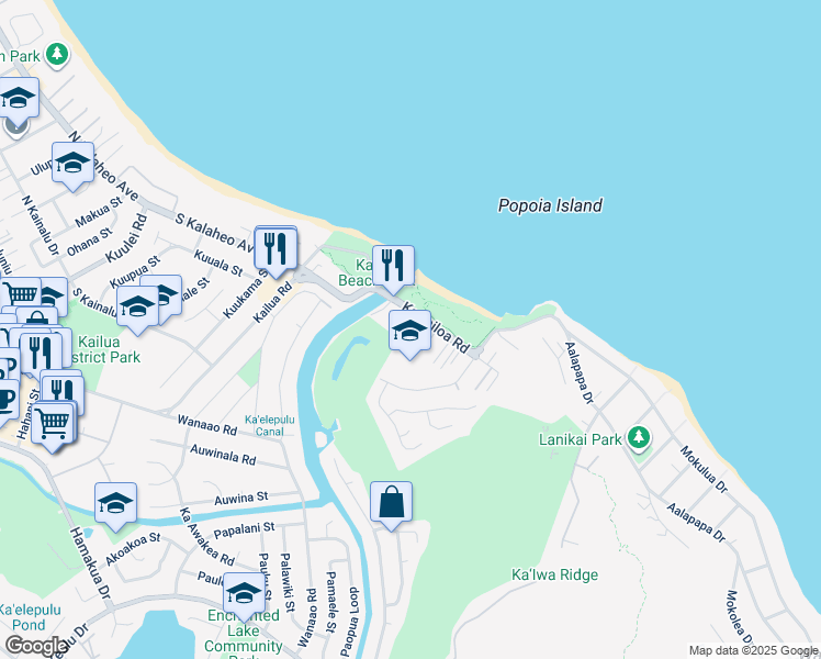 map of restaurants, bars, coffee shops, grocery stores, and more near 140 Alala Road in Kailua