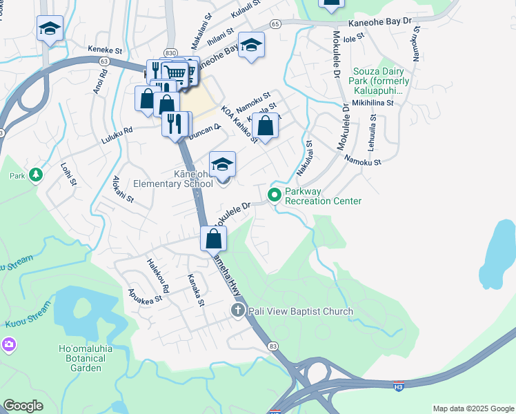 map of restaurants, bars, coffee shops, grocery stores, and more near 45-189 Leleua Place in Kaneohe