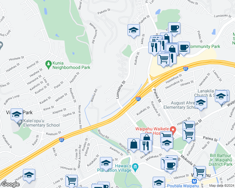 map of restaurants, bars, coffee shops, grocery stores, and more near 95 Lumiaina Street in Waipahu