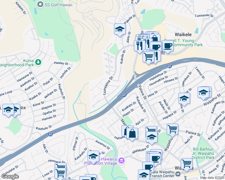 map of restaurants, bars, coffee shops, grocery stores, and more near 94-511 Lumiaina Street in Waipahu