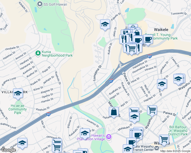 map of restaurants, bars, coffee shops, grocery stores, and more near 94-230 Kanawao Place in Waipahu