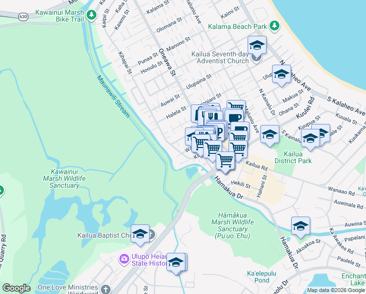 map of restaurants, bars, coffee shops, grocery stores, and more near 561A Kawainui Street in Kailua