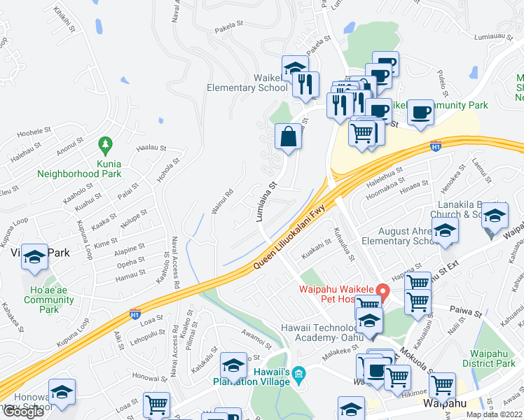 map of restaurants, bars, coffee shops, grocery stores, and more near 94-511 Lumiaina Street in Waipahu
