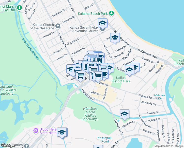map of restaurants, bars, coffee shops, grocery stores, and more near 33 Aulike Street in Kailua